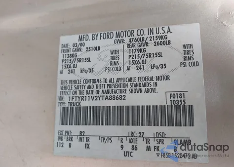 2000 Ford Ranger Xl/Xlt from USA, damaged, VIN 1FTYR11V2YTA88682